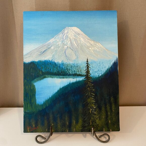 Artist Signed Painting of Mount‎ Rainier and Lake by Ed Dahle 14x18